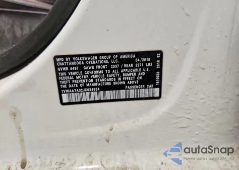 2018 Volkswagen Passat S from USA, damaged, VIN 1VWAA7A32JC034554